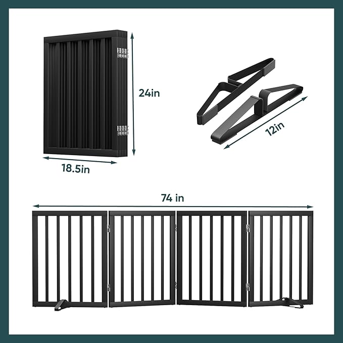 Semiocthome Solid Bamboo Dog Gate with 2 Stands, Freestanding Pet Gates for Doorways and Stairs, 24" Height-4 Panels Puppy Gate for the House, Fully Assembled Indoor Gate Adjustable Safety Fence-Black