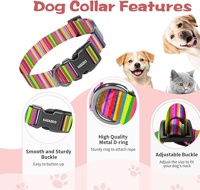 Kazazoo Dog Collar Cute and Soft Nylon Puppy Collar for Boy and Girl, Adjustable Dog Collars for Small Medium Dogs, Rainbow-XS