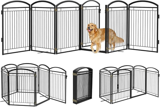 Full Metal Free Standing Dog Gate with Door for Indoor Outdoor, 144'' Extra Wide 36'' Tall Dog Gate for Doorways,Large Openings,Decks,Freestanding Portable Pet Fence(6 Panels,Black)
