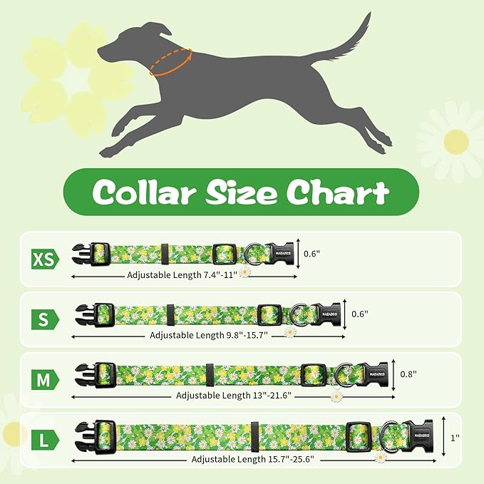 Kazazoo Dog Collar Cute and Soft Nylon Puppy Collar for Boy and Girl, Adjustable Dog Collars for Small Medium Dogs, Green Daisy-S