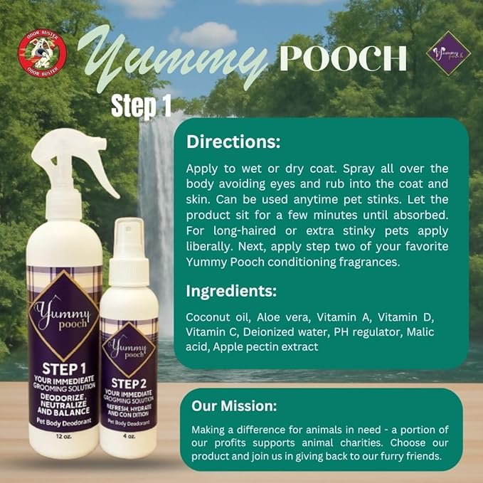 Yummy Pooch Dog Deodorant Bear (Mountain Spring Fresh Scent) - All-Natural 2-Step Odor Control & Coat Hydration - Includes Bandana & Travel Bag - Made in USA - 8oz and 4oz