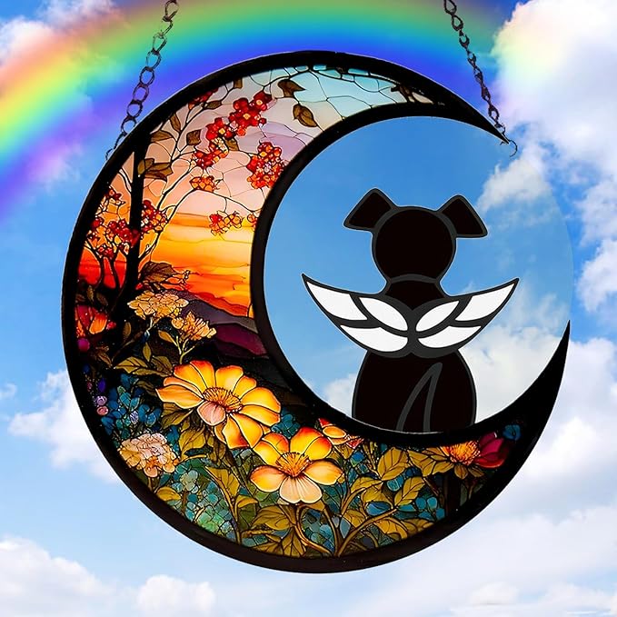 Dog Memorial Gifts for Loss of Dog Suncatcher, Black Angel Dog on Sunset Moon Dog Beverage Glass Ornaments Decor Window Wall Sympathy Gift for Dog Lover