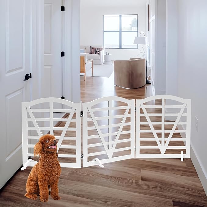 Wooden Dog Gate Freestanding Pet Gate Foldable Pet Gate for Dogs,Indoor Dog Fences with 3Foot Supportershite,3Pane 23.6" Height-White.