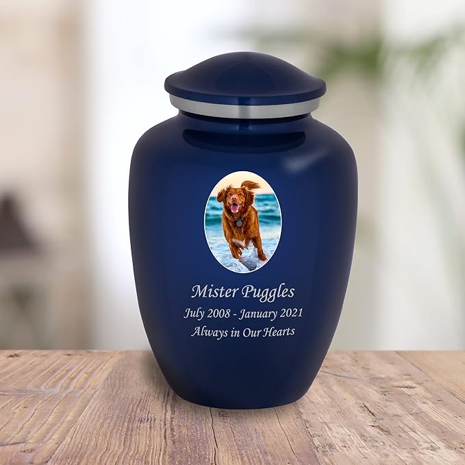 Homage Large Custom Photo Pet Cremation Urn for Pet Ashes - Vase Style Pet Urn - 200 Cubic Inch Capacity -Personalization Included (Sapphire Blue)