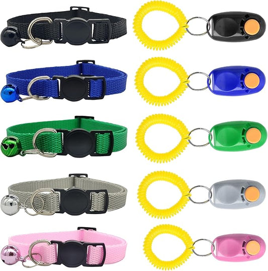 SunGrow Puppy Collars & Training Clickers, Dog Behavioral Management and Positive Reinforcement Tools, Multi-Colored (Blue, Pink, Green, Grey, Black), with Stretchable Wristband, 5 Pairs per Pack