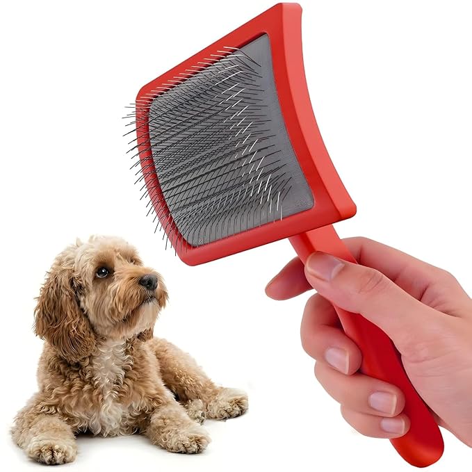 Mbala Curved Slicker Brush for Dogs – Professional Dog Brush for Shedding & Grooming, 30% More Pins, Ideal for Goldendoodles, Poodles & Long-Haired Dogs, Detangling & Deshedding, Large Coral