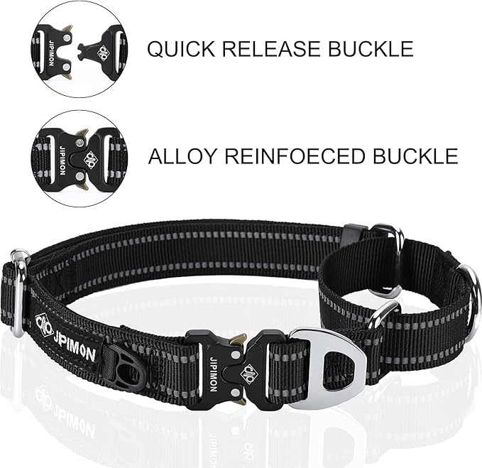 Martingale Dog Collar Reflective Nylon Soft Cushion with Alloy Buckle Dog Collar Martingale Small Medium and Large Dogs (Small, Black)