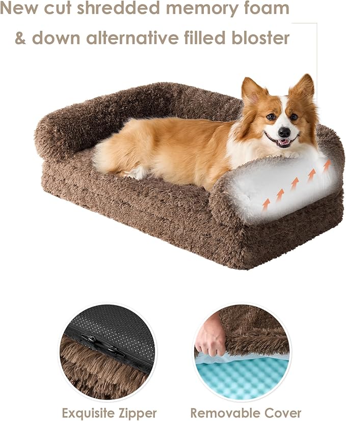 EHEYCIGA Foldable XL Dog Bed, 46"x34"x6.5" Faux Fur Fluffy Pet Couch Bed for Large Dogs, Orthopedic Calming Memory Foam Big Pet Bed, Washable Soft Pet Sofa Bed with Non-Slip Bottom, Brown