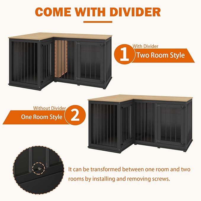 Lovinouse Corner Dog Crate Furniture for 2 Dogs, Indoor Wooden Furniture Style Heavy Duty Large Dog Kennel House with Double Rooms & Divider for Large & Medium Dogs, Black