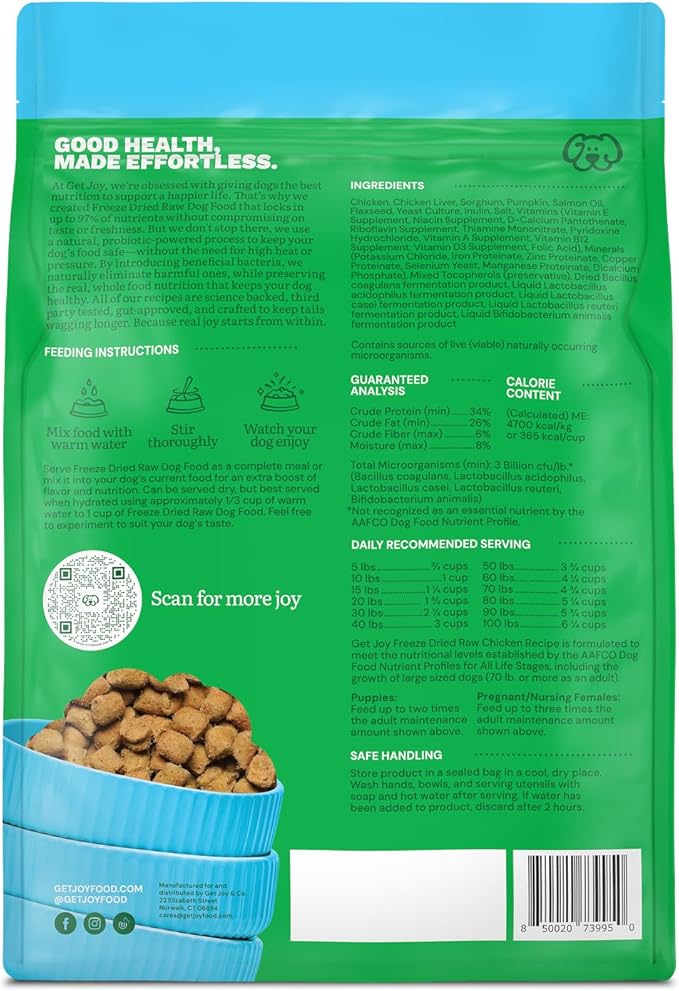 Get Joy Freeze Dried Raw Chicken Dog Food, High Protein Grain Free Meal, Topper & Treat, Gut Health Support with Probiotics, Small to Large Breed, 16oz Bag