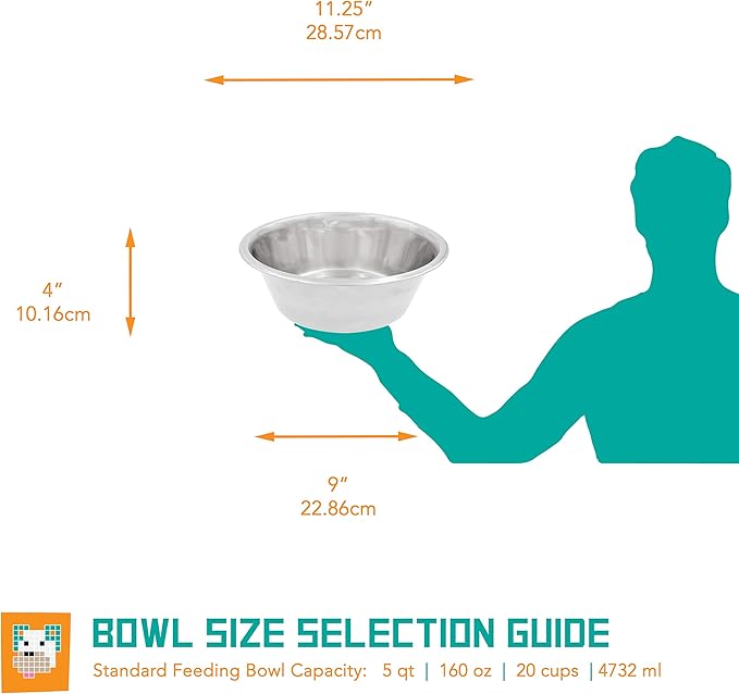 Standard Feeding Bowl for Every Pet Size, Fits into Raised Feeders, Metallic Silver, Stainless Steel, 5 Quart (STFD-5Q)
