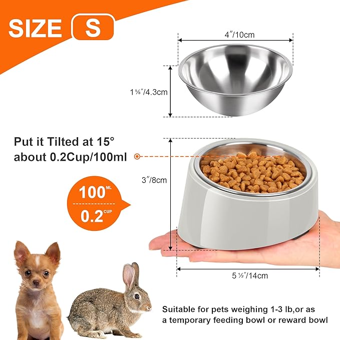 Tilted Dog Bowl Non-Slip & Non-Spill Pet Feeder with Elevated Detachable Melamine Stand, Easy to Get Food Dog Dish, S/100ml White