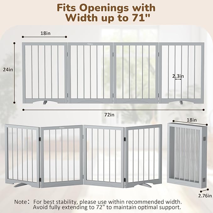Free Standing Dog Gate Indoor, Foldable Dog Gate for Doorways Stairs Hallways,4-Panel Freestanding Pet Gate with Support Feet for Stability, Folding Puppy Gate Easy to Move, Doggy Gate 72"x24"