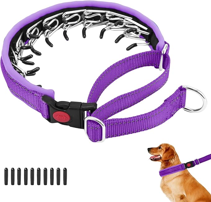 Martingale No Pull Dog Collar for Large Medium Small Dogs, Heavy Duty Nylon Reflective Adjustable Anti Pull Slip Collar with Buckle for Training Walking L Purple