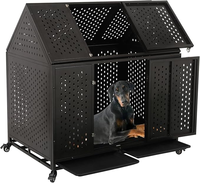 44 inch Heavy Duty Dog Crate with Wheels, Indestructible Escape-Proof Steel Pet Kennel for High Anxiety Large Medium Dogs, Chewproof Indoor Double Door Dog Kennel with 2 Trays, 4 Locks, XL