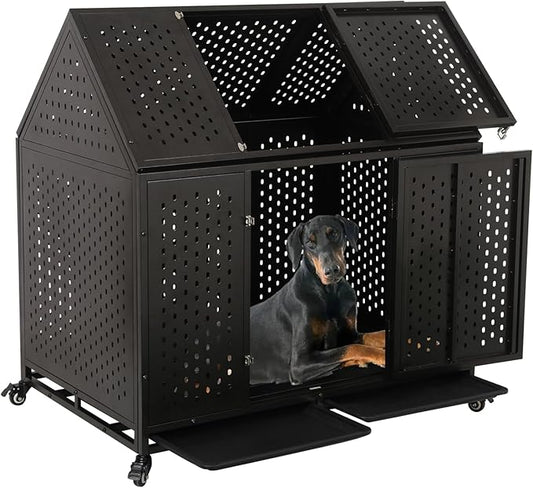 44 inch Heavy Duty Dog Crate with Wheels, Indestructible Escape-Proof Steel Pet Kennel for High Anxiety Large Medium Dogs, Chewproof Indoor Double Door Dog Kennel with 2 Trays, 4 Locks, XL