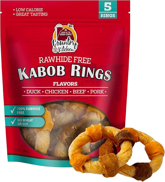Country Kitchen Rawhide Free Kabob Rings 4 Flavor Protein Variety Dog Chews, Made with Real Chicken, Beef, Pork, and Duck, 5 Count