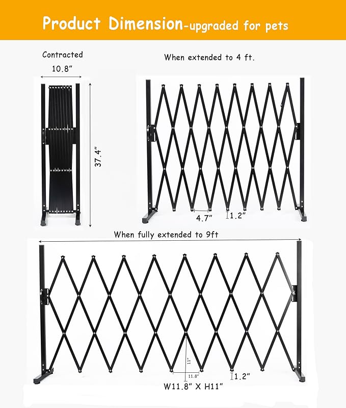 Metal Expandable Dog Gate, 9Feet, Versatile Accordion Safety Barrier, Indoor and Outdoor, Portable Retractable Barricade, Adjustable Pet Fence, Free Standing (Classic, Black)