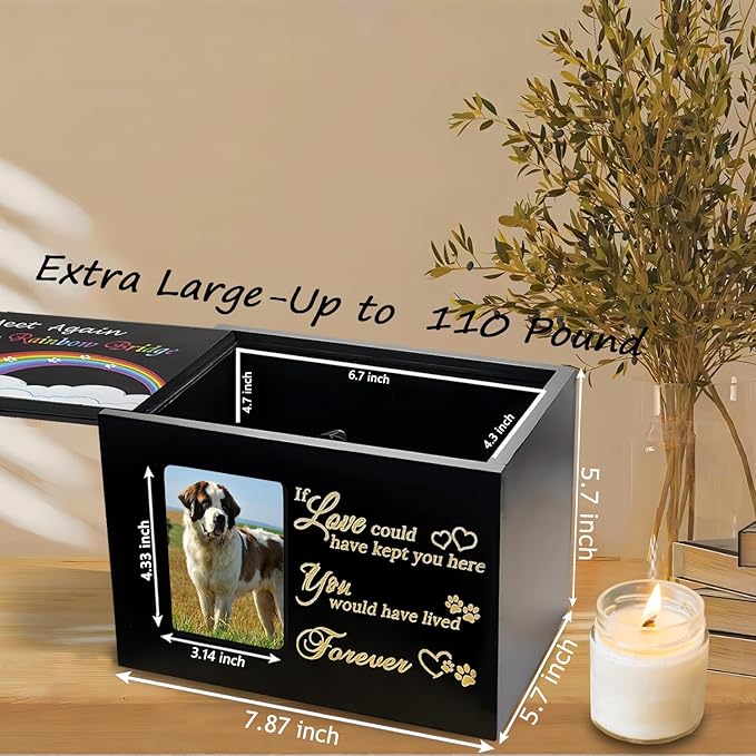 Sofunii Pet Urns for Dogs or Cats Ashes,Extra Large Wooden Funeral Cremation Memorial Box with Photo Frame,Rainbow Bridge Keepsake with Black Flannel as Lining,Loss Pet Memorial Remembrance Gift