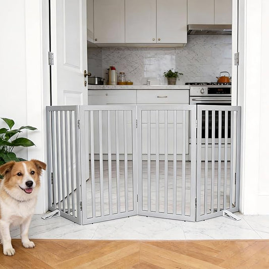 Dog Gate Indoor, Freestanding Dog Fence for The House, Doorways, Hallways,or Stairs,Pet Gate Foldable Wooden,Expandable 32" Height 4 Panels,Grey