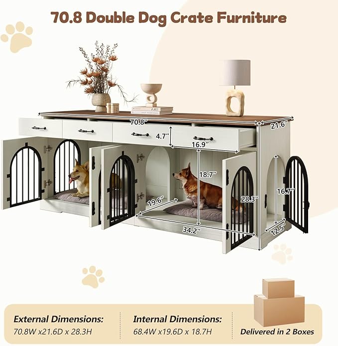 70.8'' Double Dog Crate Furniture for 2 Small and Medium Dogs,XXL Wooden Dog Kennel with 4 Storage Drawers,Removable Divider,Dog Crate TV Stand,Indoor Decorative Dog Cage with 4 Door,White