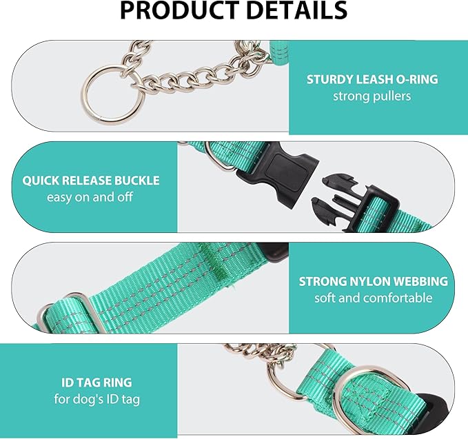 Martingale Dog Collar with Quick Release Buckle Steel Chain No Pull Training Reflective Collar for Medium Large Dogs(Teal, Medium)