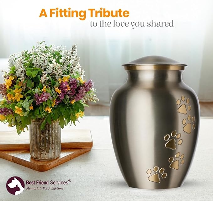 Ottillie Paws Legacy Series Pet Urn for Dogs and Cats, Handmade Brass Memorial Cremation Urn (Small - Pets up to 25 lbs, Pewter, Vertical Brass Paws)