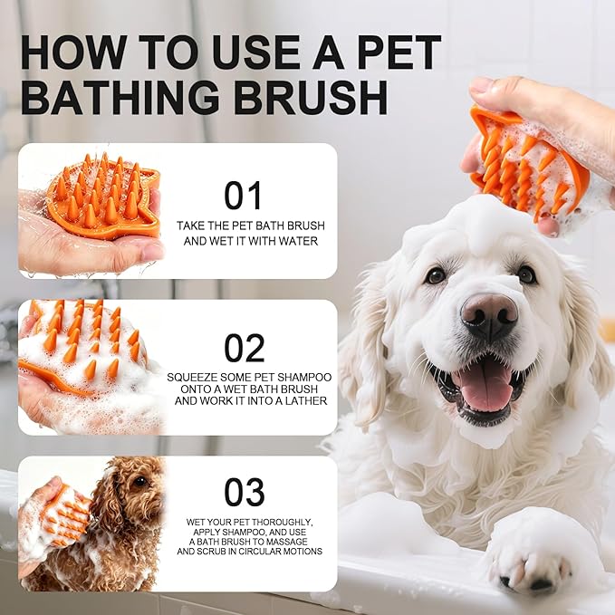 Orange Cat-Shaped Dog Bath Brush Dog Washing Brush Fine Pin Cat Massage Brush Pet Grooming Bathing Tool for Small Medium Dogs and Cats Remove Loose Hair Deep Cleansing