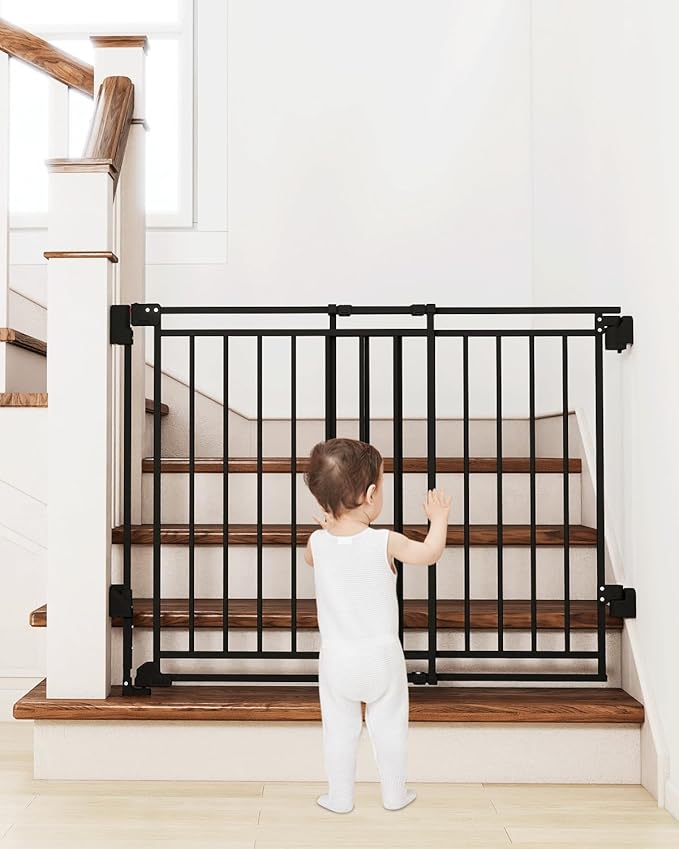 26.5-43" No Bottom Bar Baby Gate for Stairs and Doorways, 29" Tall Hardware-Mounted Baby Gate for Top and Bottom Stairs, Auto-Close Dog Gate Indoor with Extra Wide Walk Thru