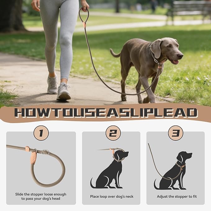 Mile High Life Slip Lead Dog Leash - 4FT, 5FT, 6FT Heavy Duty Rope Leash for No Pull Training, Durable Braided Dog Lead with Leather Stopper & Tip for Medium Large Dogs