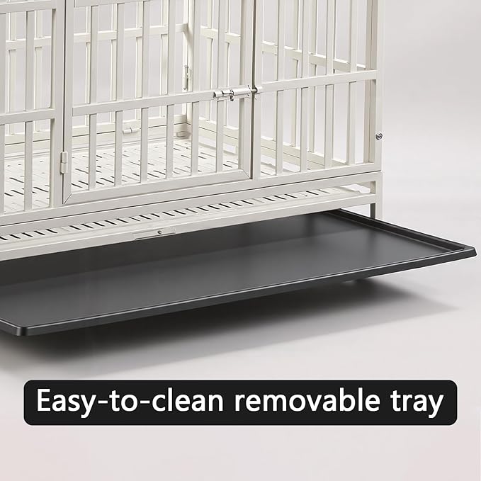 48 Inch Heavy Duty Indestructible Dog Crate with Lockable Wheels & Sturdy Locks, Metal Dog Crate Kennel with Removable Tray, Extra Large XL, White