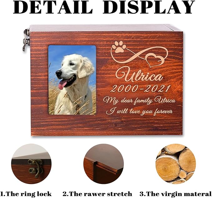 Custom Pet Wood Urn with Name Date and Text,Personalised Wood Pet Urn/Ashes Casket with Photo Slot and Engraving,Custom Pet Urn Souvenir Wood Box for Dog Cat Rabbit and Bird (Engrave)