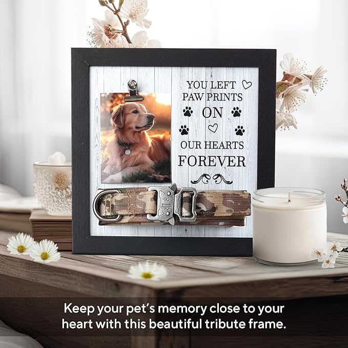 Pet Memorial Frame with Collar Holder – Dog & Cat Loss Remembrance Gift – You Left Paw Prints on Our Hearts Forever – Sympathy Keepsake Frame for Pet Lovers