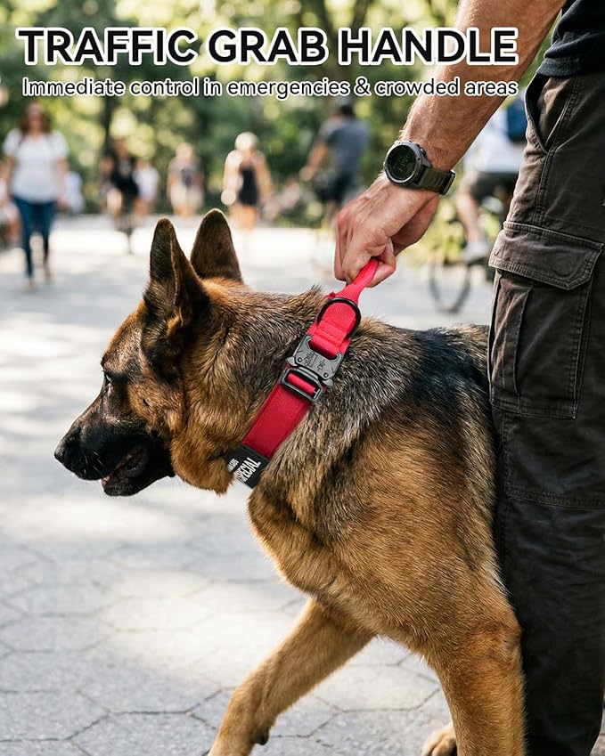 Joytale Tactical Dog Collar with Handle and Metal Buckle, Heavy Duty Padded Military Collar with 2 Patches for Training, Adjustable for Medium Dogs, Red, M
