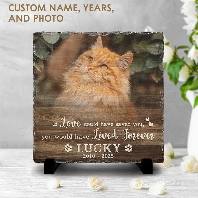 Custom Memorial Gifts: Square Headstone - Cat Paw Prints, Grave Decorations for Dog Cemetery, Photo Frame Stamped in Pet Lovers' Hearts, Meaningful Gift to Keep Your Furry Friend