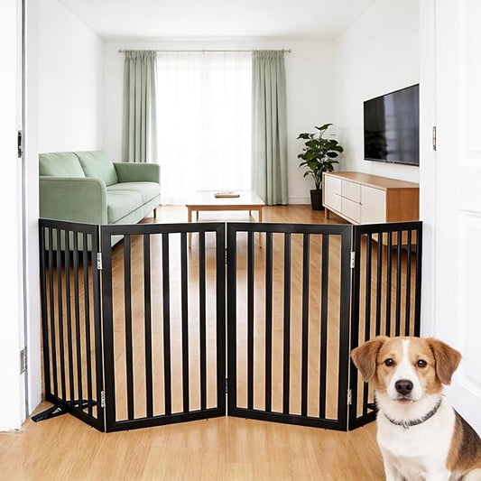 ZJSF Freestanding Indoor Dog Gate for House Foldable Wood Puppy Gate for Doorways Pet Gate for Stairs Extra Wide Pet Fence, Black, 32" Height 4 Panels