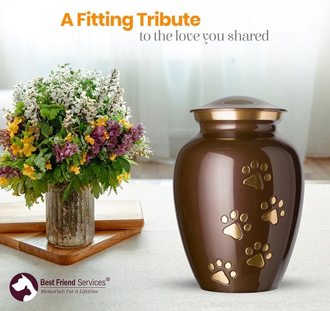 Ottillie Paws Legacy Series Pet Urn for Dogs, Handmade Brass Memorial Cremation Urn (Large - Pets up to 115 lbs, Harvest Brown, Vertical Brass Paws)