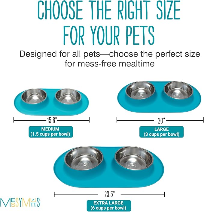 Messy Mutts Double Silicone Feeder with Stainless Bowls | Non-Skid Food Dishes for Dogs for All Pets | Dog Food Bowls | Medium, 1.5 Cups Per Bowl | Blue