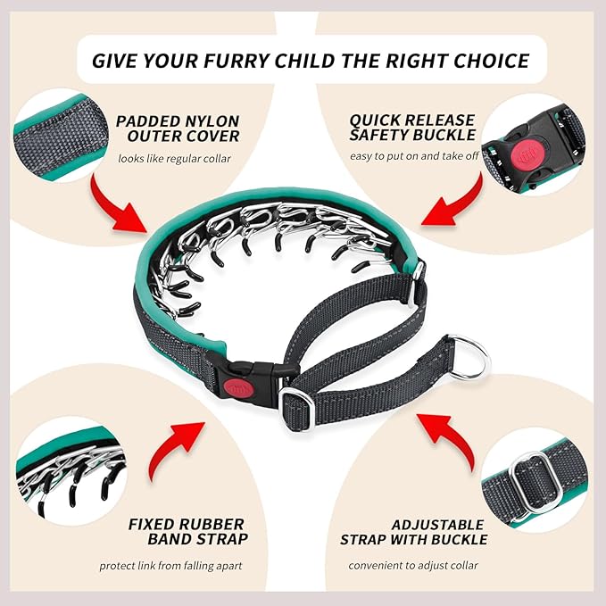 Martingale No Pull Dog Collar for Large Medium Small Dogs, Heavy Duty Nylon Reflective Adjustable Anti Pull Slip Collar with Buckle for Training Walking M Black Green