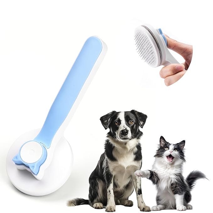 Self-Cleaning Cat and Dog Grooming Brush - Fur Removal, Gentle on Skin. Ergonomic Design with Stainless Steel Bristles. Suitable for All Coat Types - Durable, Long-Lasting Pet Brush (Blue)