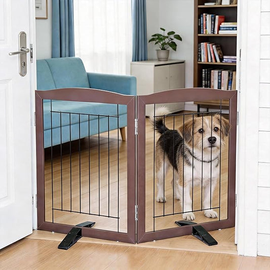 Dog Fence Indoor,Dog Gate Indoor for Doorway pet gate -2-Panel Freestanding, Hallways, House or Stairs -40x24-Inch Retractable Foldable Expandable Wood Pet by SFJC (Brown) ﻿