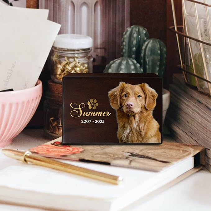 Custom Pet Keepsake Urns for Dogs, Wooden Box for Pet Ashes with Photo for Your Beloved Pets, Pet Cremation Urns as Sympathy Gifts for Pet Lovers - Small, 6" x 4" x 2.75" Pet Urns (Design 4)