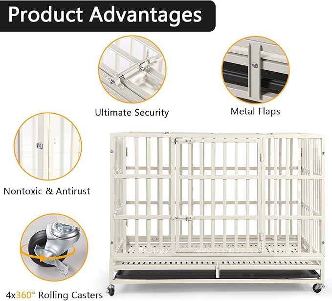 48 Inch Heavy Duty Indestructible Dog Crate with Lockable Wheels & Sturdy Locks, Metal Dog Crate Kennel with Removable Tray, Extra Large XL, White
