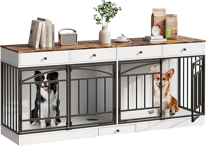IDEALHOUSE 78.7" Double Dog Crate Furniture with Storage and 4 Doors, Dog Kennel Indoor with Feeding Bowls, Wood Dog Crate TV Stand for Small Medium Dogs, White