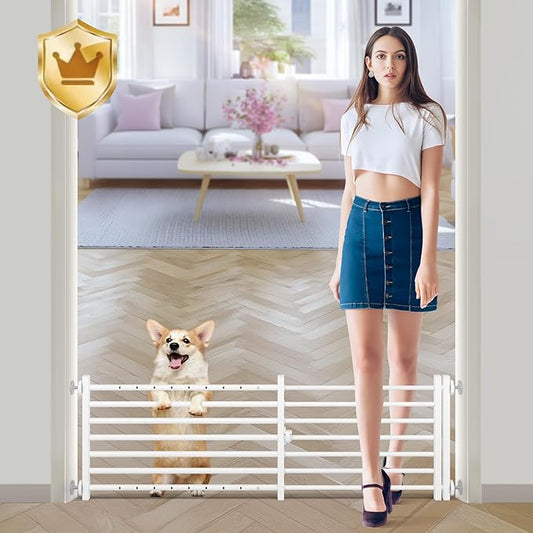 Malier Indoor Dog Gate with Door, 34-55" Extra Wide Full Metal Pet Gate Short Dog Gate for Stairs, Pressure Mount 14'' Tall Small Puppy Low Gate Easy Step Over for Doorways