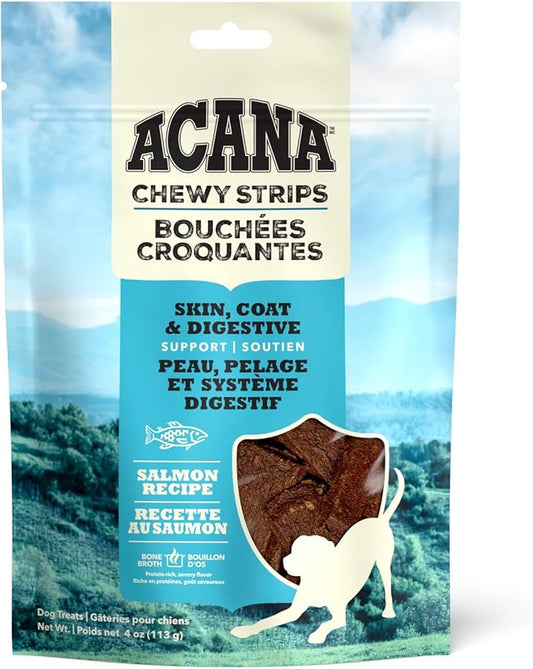 ACANA Chewy Strips Limited Ingredient Dog Treats Salmon Recipe with Skin, Coat, & Digestive Support 4oz Bag