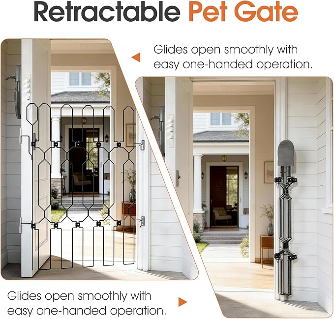 Metal Retractable Dog Gate for Front Door, Adjustable Pet Barrier for Doorways, Easy Open Door Blocker for Dogs and Cats, Foldable Space-Saving Gate for Apartments, RVs Indoor Outdoor