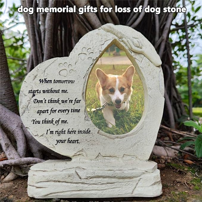 jinhuoba Heart Shaped Pet Memorial Stones for Dogs, Pet Dog HeadStones Grave Stones with Photo Frame, Loss of Pet Dog Sympathy Gifts Memorial Gifts Passing Away Gifts Outdoor or Indoor