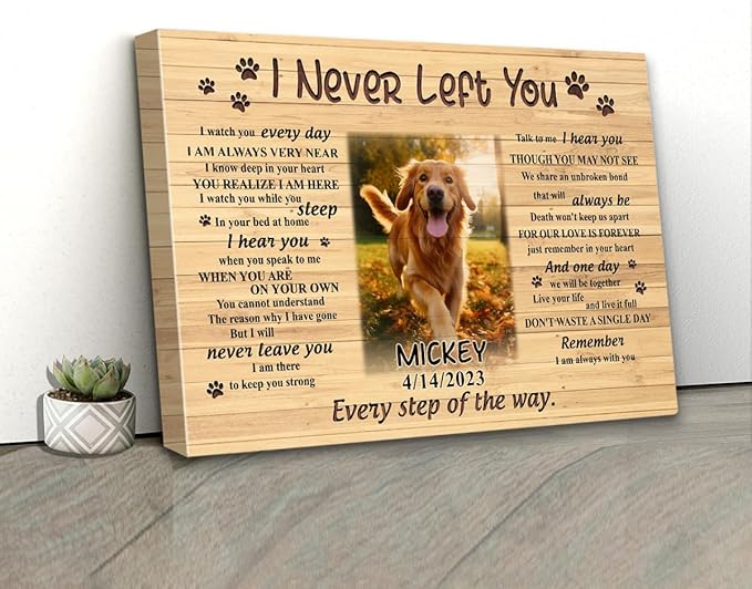 C72613 I Never Left You Canvas, Dog Memorial Canvas Gifts Custom Photo, Personalized Memorial Loss of Loved One, Sympathy for Dog Lovers Mom Dad Photo Memorial With Name Date