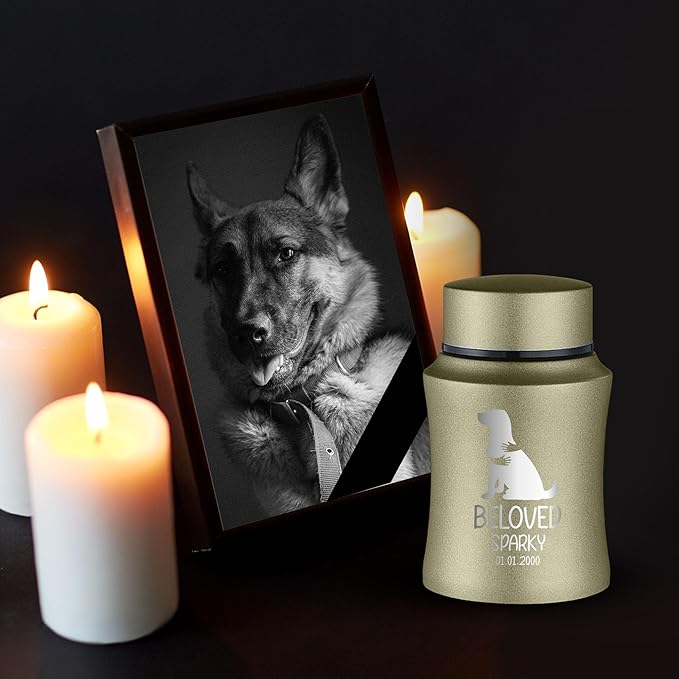 Customized Small Keepsake Urn Personalized Engraved with Pet Name, Date, and Dog Design - 4" Powder Coated Cremation Mini Compact Urn for Dogs Ashes | 5–10 Lbs Capacity | Washed Gold, Paw Print Heart